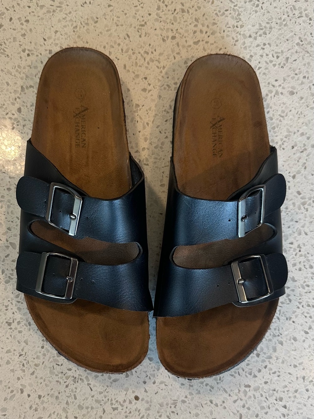 American Exchange Black Leather Double-Buckle Slide Sandals